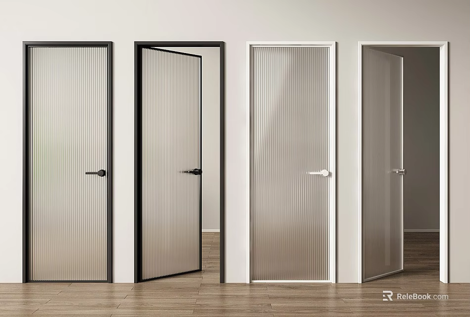 Modern Interior Hinged Doors Featuring Glass Panels Various Styles and Black White Frames 3d model