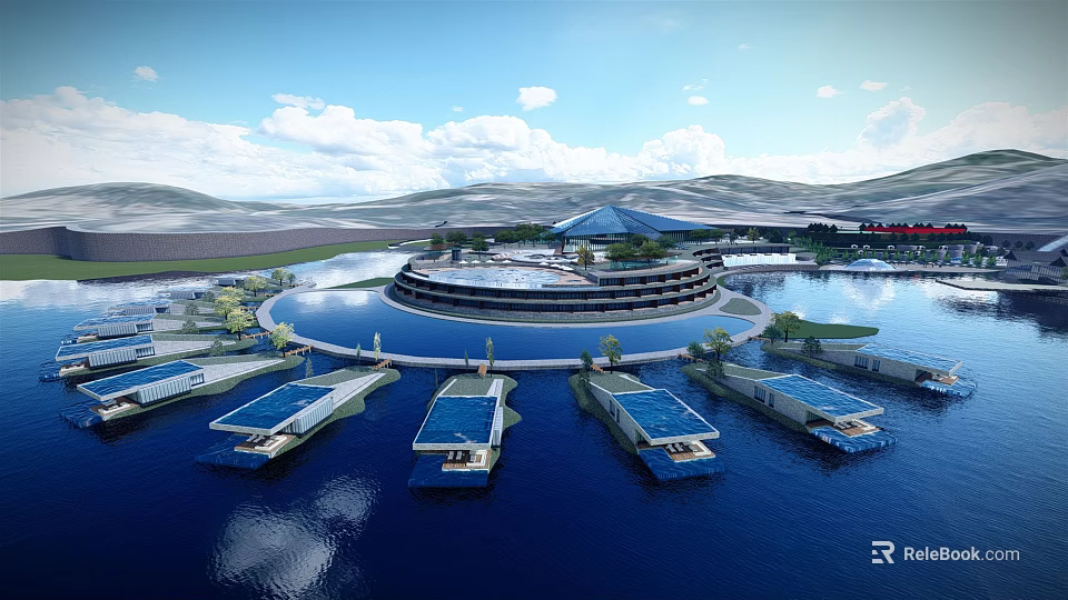 Modern Circular Hotel Building On Water With Overwater Villas And Mountain Views 3d model 