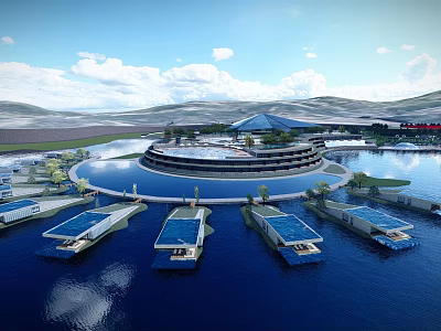 Modern Circular Hotel Building On Water With Overwater Villas And Mountain Views 3d model
