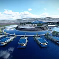 Modern Circular Hotel Building On Water With Overwater Villas And Mountain Views