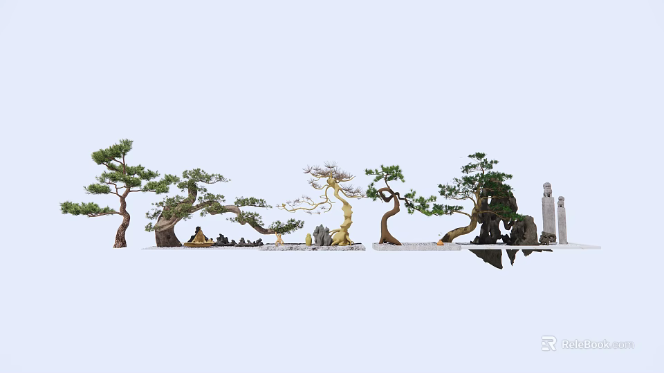 Beautiful Arbor Display With Shaped Pine Trees Rocks And Miniature Statues 3d model