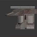 Modern Architectural Structure With Wooden Sloped Panels Concrete Wall And Support Frame