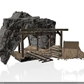 Modern Rock Structure Scene With Detailed Wooden Support Beams Platform Stone Blocks And Tracks