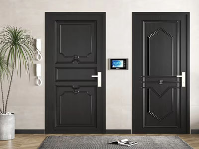 Black Swing Doors With Decorative Panels Metal Handles And Digital Control Panel In Interior 3d model