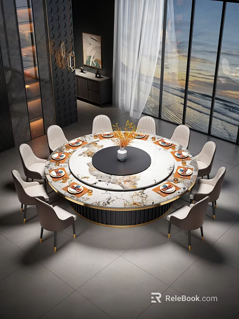 Modern Round Marble Dining Table with Beige Chairs Lazy Susan Golden Legs and Flower Arrangement 3d model 