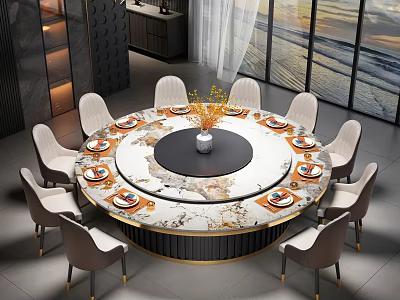 Modern Round Marble Dining Table with Beige Chairs Lazy Susan Golden Legs and Flower Arrangement 3d model