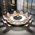 Modern Round Marble Dining Table with Beige Chairs Lazy Susan Golden Legs and Flower Arrangement