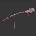 Traditional Decorative Weapon With Long Curved Handle Green Yellow Feather Decoration And Metal Ring
