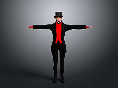 Man in Black Top Hat and Red Shirt with Arms Outstretched on Gray Background 3d model