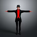 Man in Black Top Hat and Red Shirt with Arms Outstretched on Gray Background