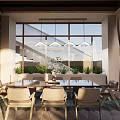 Modern Restaurant Exterior With Wooden Structure Large Windows Green Plants And Terrace Design