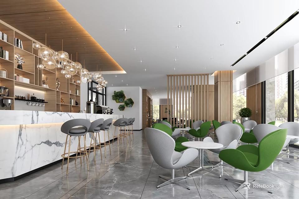 Modern Break Room With Marble Counter Gold Bar Stools Green Gray Chairs And Pendant Lights 3d model 