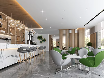 Modern Break Room With Marble Counter Gold Bar Stools Green Gray Chairs And Pendant Lights 3d model
