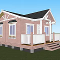 Pink Exterior Wooden House With Black Roof White Railings Porch And Windows