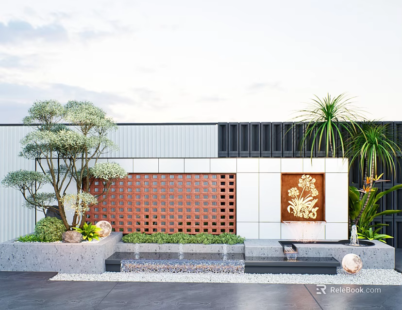 Modern Feature Wall With Perforated Wooden Lattice Stepped Water Feature Green Plants And Decorative Spheres 3d model 