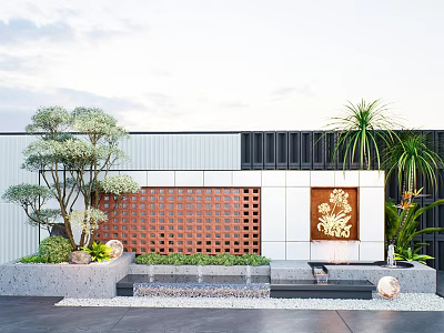 Modern Feature Wall With Perforated Wooden Lattice Stepped Water Feature Green Plants And Decorative Spheres 3d model