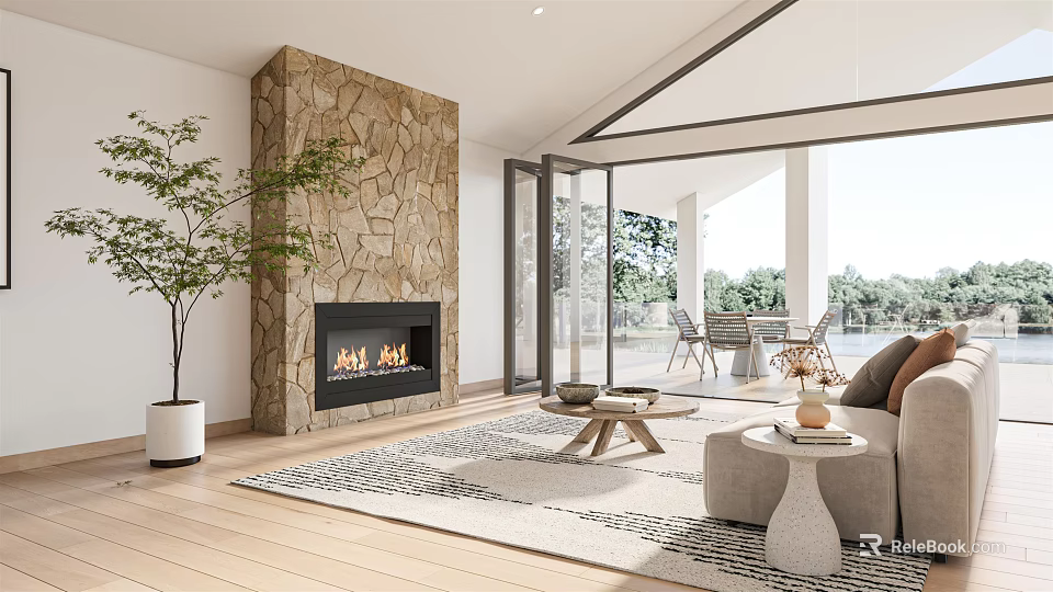 Modern Dining and Living Room Interior With Stone Fireplace Open Concept Sofa And Outdoor Patio 3d model 
