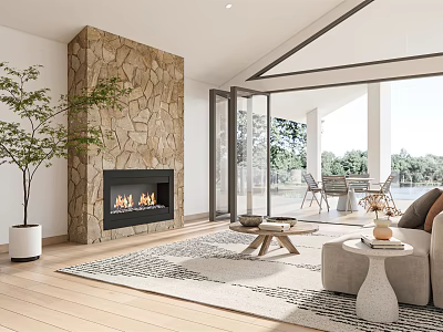 Modern Dining and Living Room Interior With Stone Fireplace Open Concept Sofa And Outdoor Patio 3d model