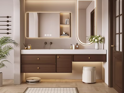 Modern Washbasin with Wooden Cabinet Mirror Toiletries Green Plant and White Stool 3d model