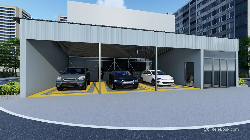 Covered Parking Lot With Three Cars In Yellow Marked Spaces Near Buildings 3d model 