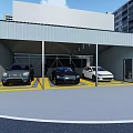 Covered Parking Lot With Three Cars In Yellow Marked Spaces Near Buildings