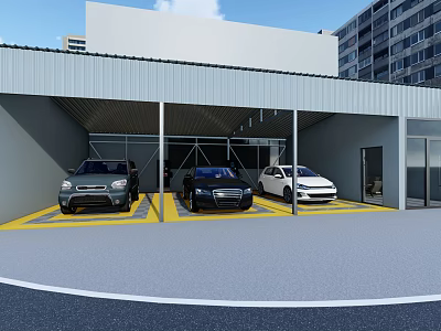 Covered Parking Lot With Three Cars In Yellow Marked Spaces Near Buildings 3d model