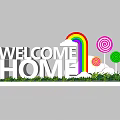Welcome Home Sign With Rainbow Clouds And Colorful Lollipops Near Green Plants