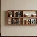 Wall Mounted Wooden Shelf Featuring Potted Plant Coffee Pot White Cups Brown Jars and Art