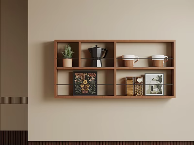 Wall Mounted Wooden Shelf Featuring Potted Plant Coffee Pot White Cups Brown Jars and Art 3d model