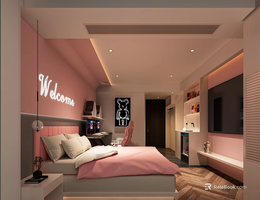 Modern Pink Bedroom Interior With Welcome Sign Bed Desk Chair And TV 3d model 