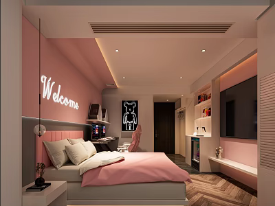 Modern Pink Bedroom Interior With Welcome Sign Bed Desk Chair And TV 3d model