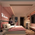 Modern Pink Bedroom Interior With Welcome Sign Bed Desk Chair And TV