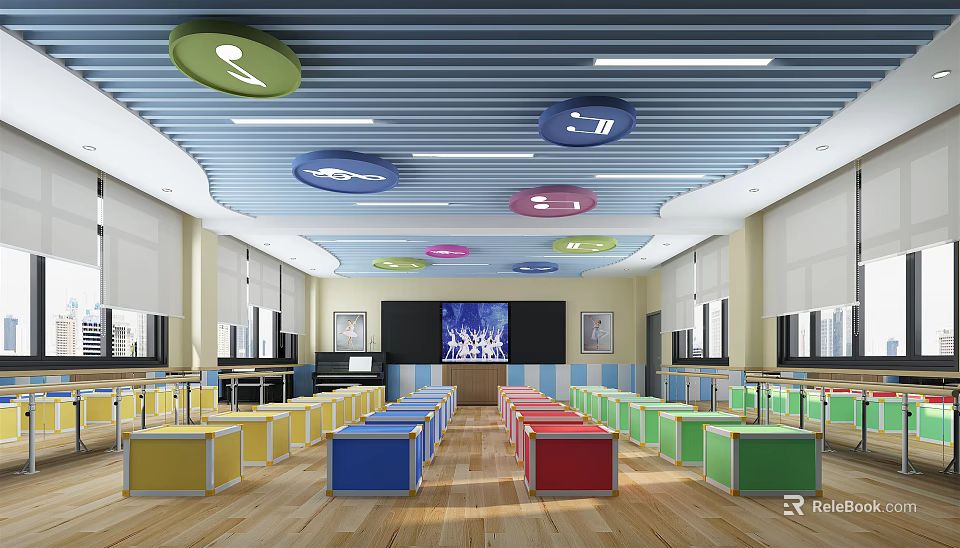 Modern School Interior With Colorful Cube Seats Large Screen And Ceiling Decorations 3d model 