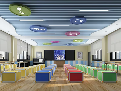 Modern School Interior With Colorful Cube Seats Large Screen And Ceiling Decorations 3d model