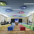 Modern School Interior With Colorful Cube Seats Large Screen And Ceiling Decorations