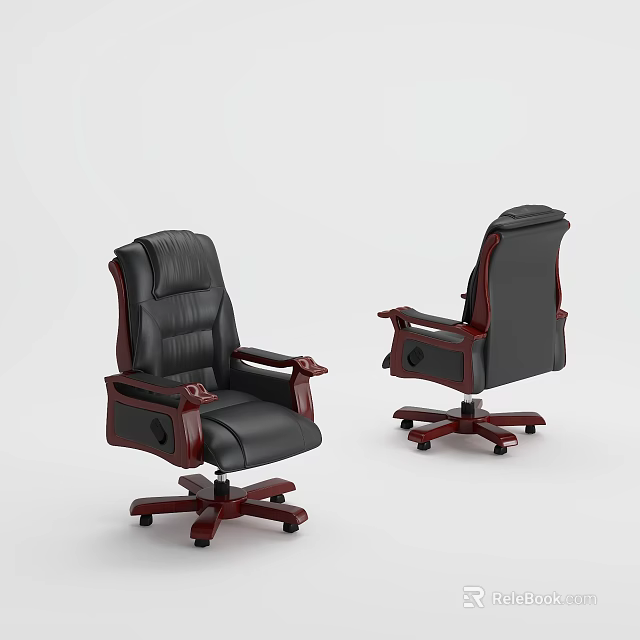 Black Leather Executive Office Chair With Wooden Armrests And Swivel Wheels 3d model 