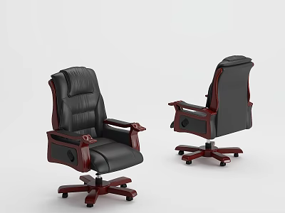 Black Leather Executive Office Chair With Wooden Armrests And Swivel Wheels 3d model