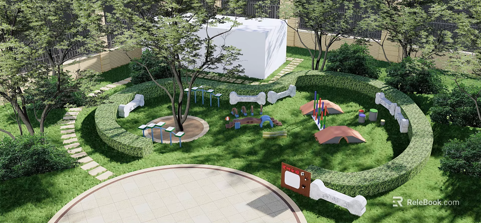 Outdoor Playground With Green Lawn Trees Circular Pavement Seats And Colorful Facilities 3d model 