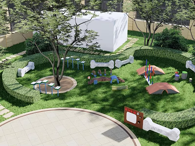 Outdoor Playground With Green Lawn Trees Circular Pavement Seats And Colorful Facilities 3d model