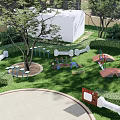 Outdoor Playground With Green Lawn Trees Circular Pavement Seats And Colorful Facilities