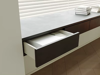 Modern Desk With Open Drawer Sleek Gray Countertop And Stacked Books 3d model