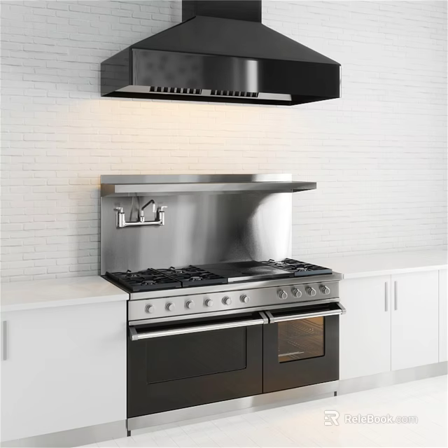 Modern Stainless Steel Kitchen Stove Oven And Range Hood With White Brick Wall Cabinets 3d model 