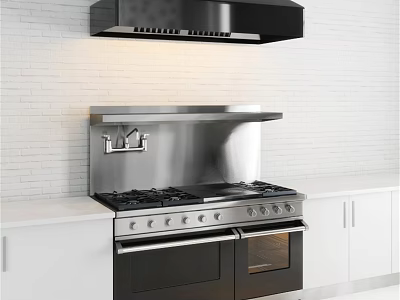 Modern Stainless Steel Kitchen Stove Oven And Range Hood With White Brick Wall Cabinets 3d model