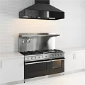 Modern Stainless Steel Kitchen Stove Oven And Range Hood With White Brick Wall Cabinets