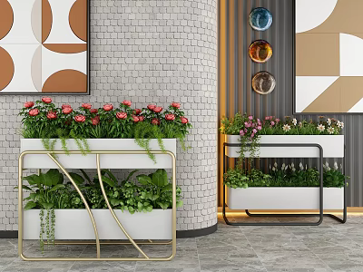 Modern Metal Frame Garden Planters with Colorful Flowers and Green Foliage in Contemporary Interior Space 3d model