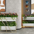 Modern Metal Frame Garden Planters with Colorful Flowers and Green Foliage in Contemporary Interior Space