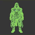Hooded Warrior Character in Black Armor with Blue Glowing Accents 3D Render