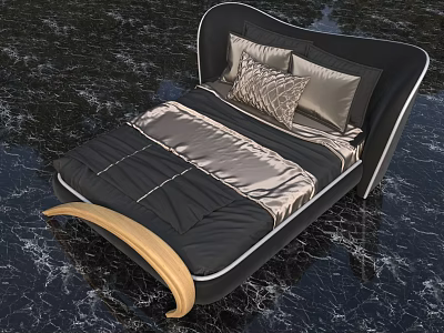 Modern Luxurious Double Bed With Black Frame Curved Headboard Wooden Footboard Silver Gray Bedding Pillows 3d model
