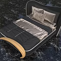 Modern Luxurious Double Bed With Black Frame Curved Headboard Wooden Footboard Silver Gray Bedding Pillows