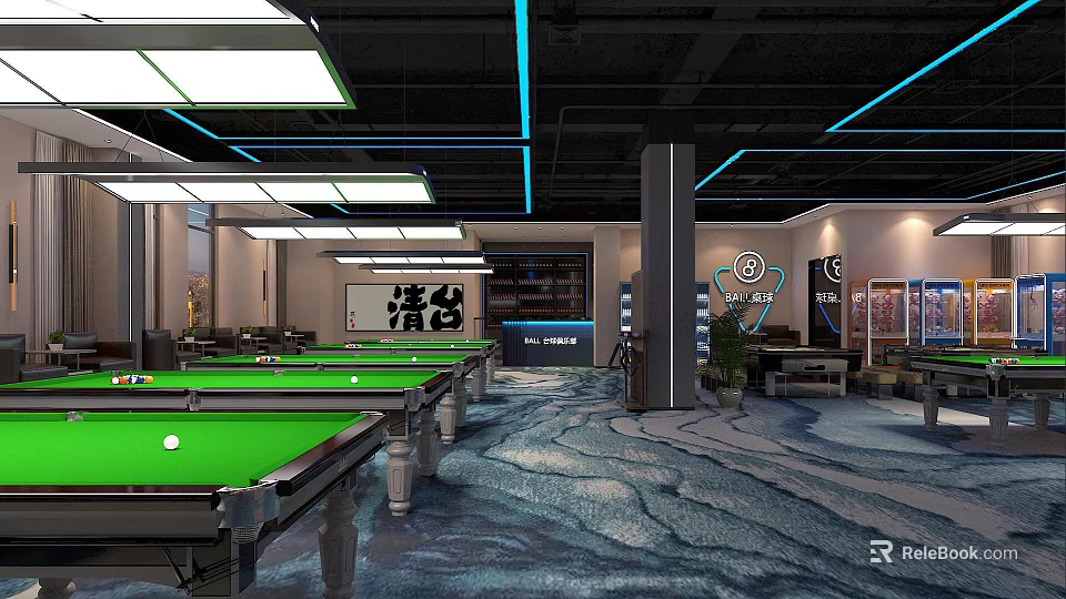 Modern Stylish Billiard Room Interior With Green Pool Tables Blue Ceiling Lights And Patterned Carpet 3d model 
